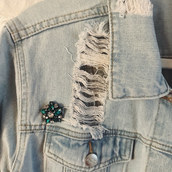 one 5 one Light Blue Distressed Jean Jacket with Embellishments - Picture 4 of 5